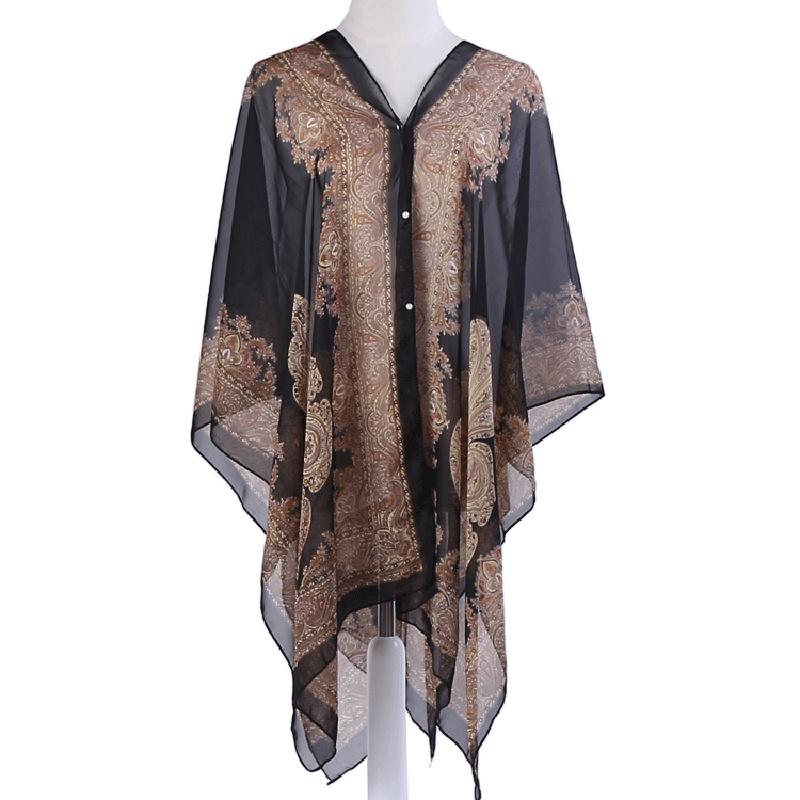 Elegant 2018 Women Chiffon Blouse Coat With Boho Floral Design For Beach Cover Up
