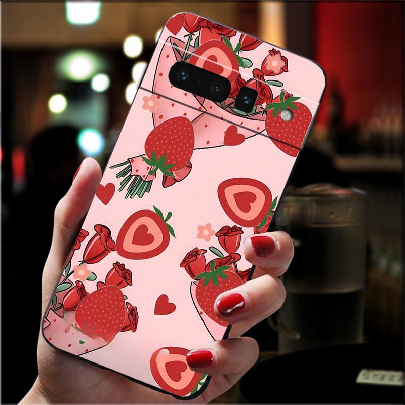 For Google Pixel 10 9 Pro XL Silicone Phone Soft Case For Google Pixel 9A 8A 7A 6A 5 Cover Shell Strawberry Cat Cartoon