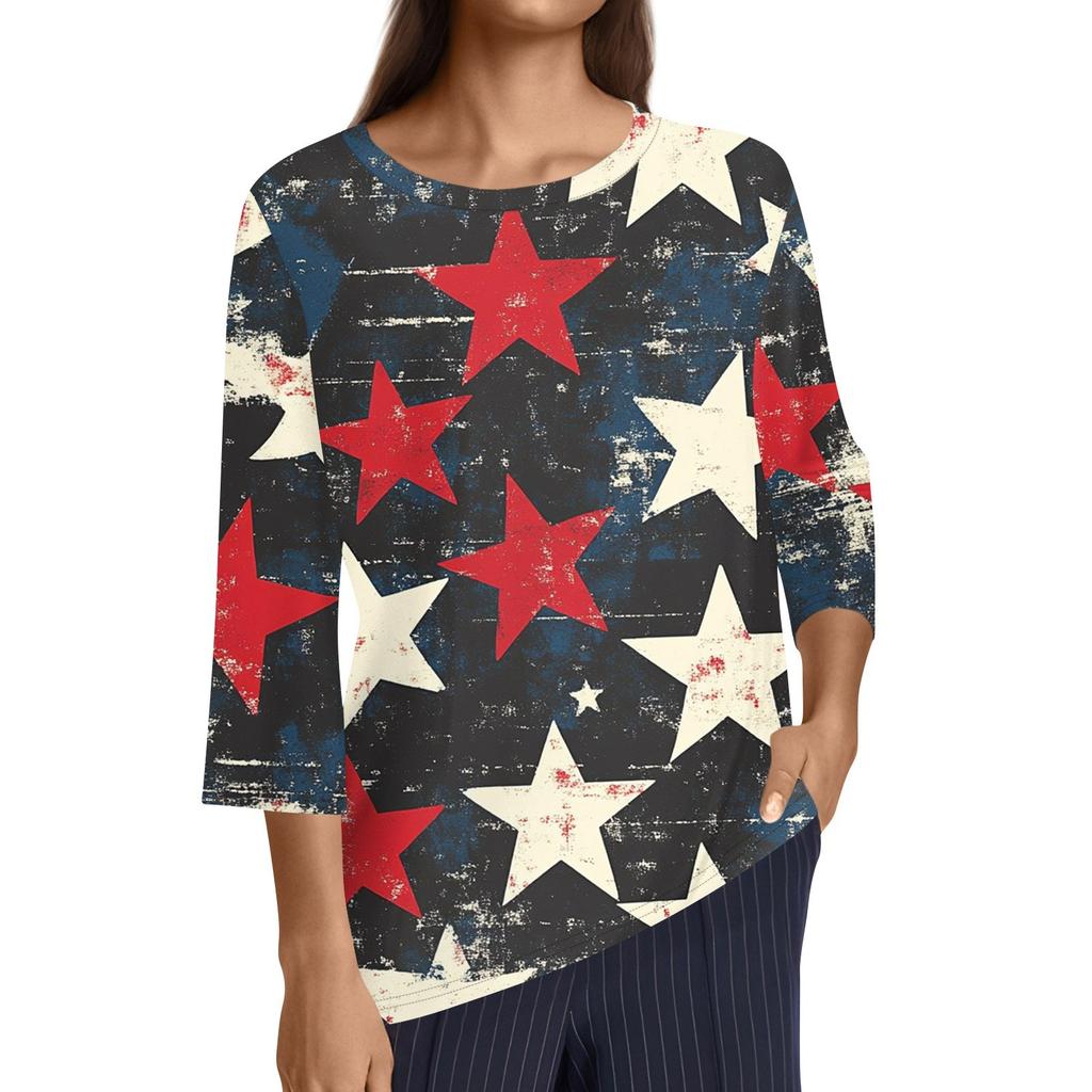Dámské módní ležérní tričko s kulatým výstřihem a 3/4 rukávy volného střihu s potiskem Dne nezávislosti dámský top