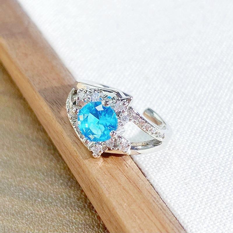 Light Luxury High-End Sea Blue Love Color Treasure Full Of Diamonds Zir*****Pen Ring Niche Exquisite Ring Woman