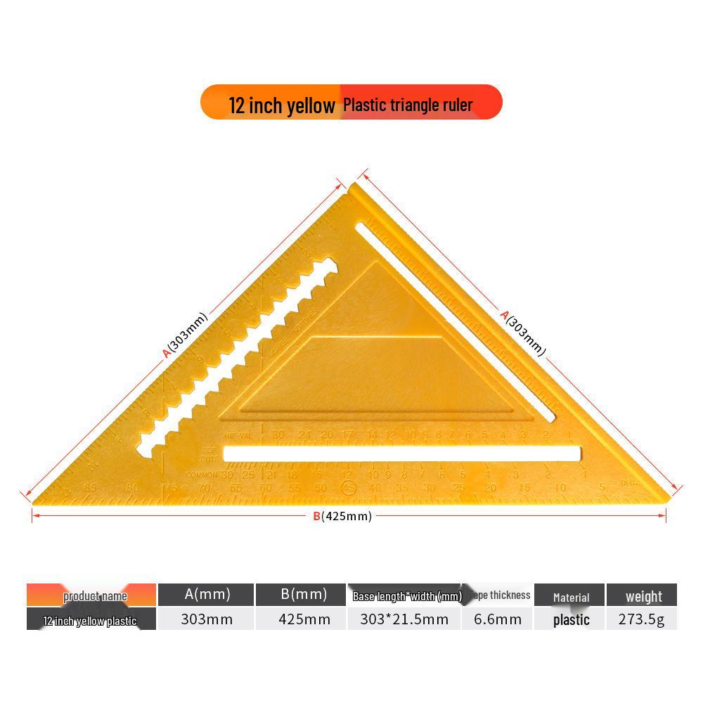 12-inch Aluminum Alloy Black Metric/Imperial Triangle Ruler - 90°/45° Right Angle, 7-inch Woodworking Triangle Plate