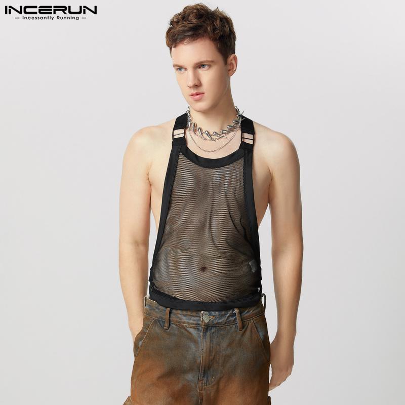 INCERUN Men Sleeveless Tank Tops Party Club Backless Hollow Mesh Vest