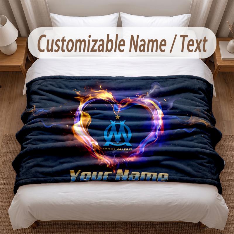 Olympique Marseille FC Printed Flannel Blanket Custom Name Text Soft Warm Throw For Bedroom Holiday Gift