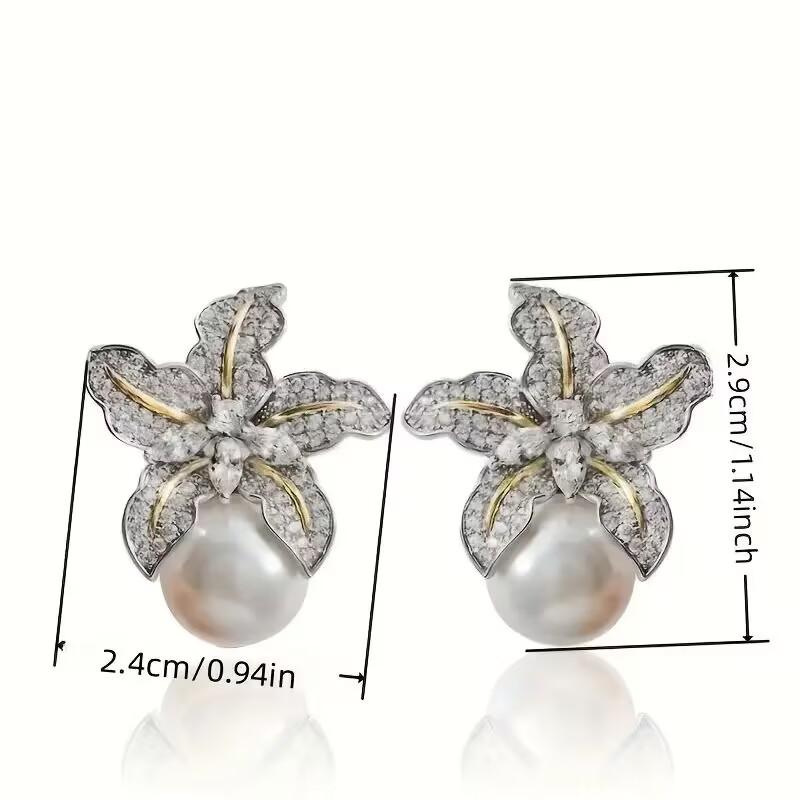 Wunderschöne Blumen-Imitationsperlen-Ohrringe für Damen, Luxus, mit funkelnden Zirkonia-Steinen besetzt, Hochzeits-Schmuck, Große Mengen