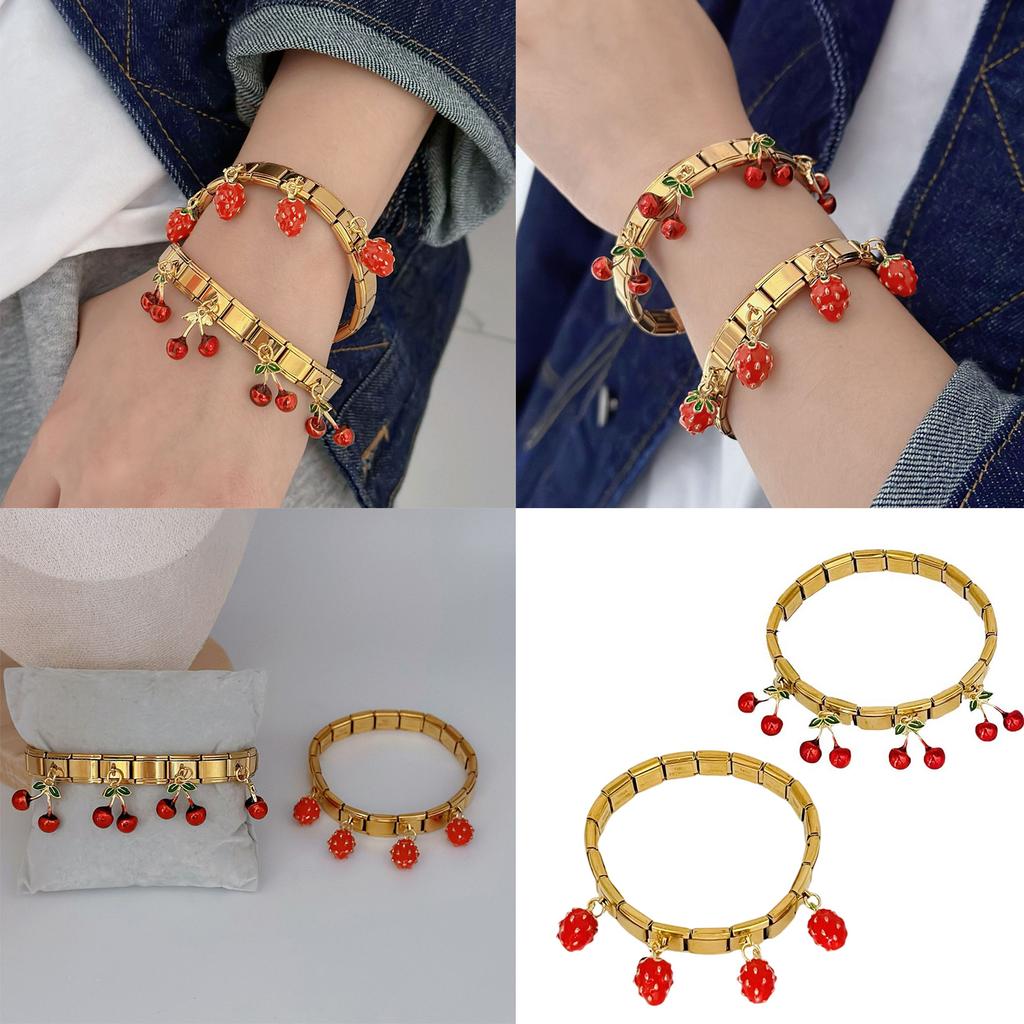 Stylish Strawberry and Cherrys Designs Stainless Steel Bracelet for Trendy Women and Teens With Adjustable Fit
