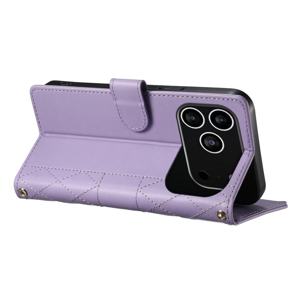 For iPhone 17 Pro Case Rhombus Stitching Wallet Stand Leather Phone Cover with Long/Short Strap