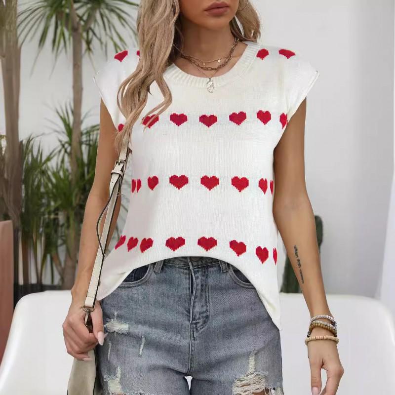 Womens Loose Fit Knit Top With Embroidered Heart Round Neck Short Sleeve Sweater In Acrylic Casual Office Style