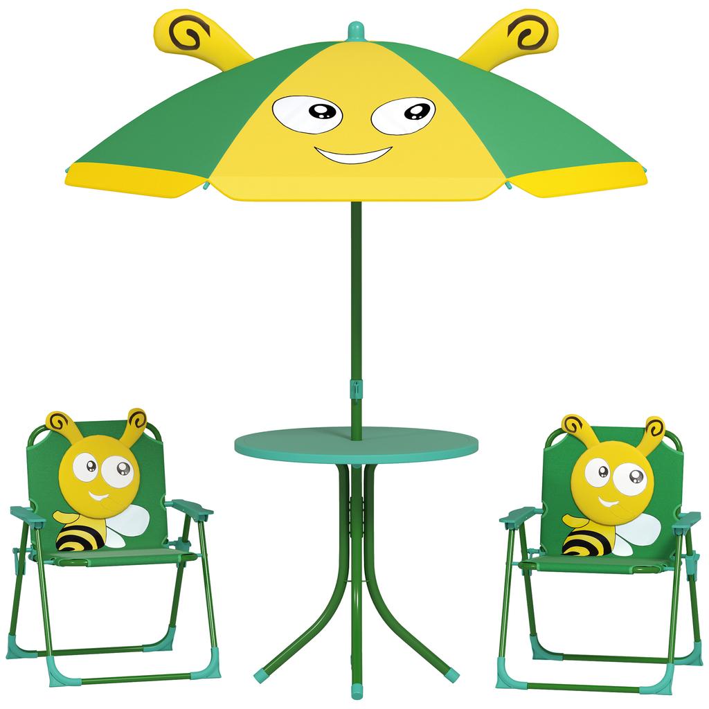 Garden Furniture Set for Children, Chairs, Table, Parasol, Bee Design, Green+Yellow