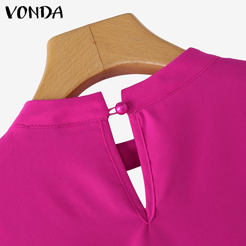 VONDA Women Fashion Stand Collar Long Sleeve Solid Color Blouses