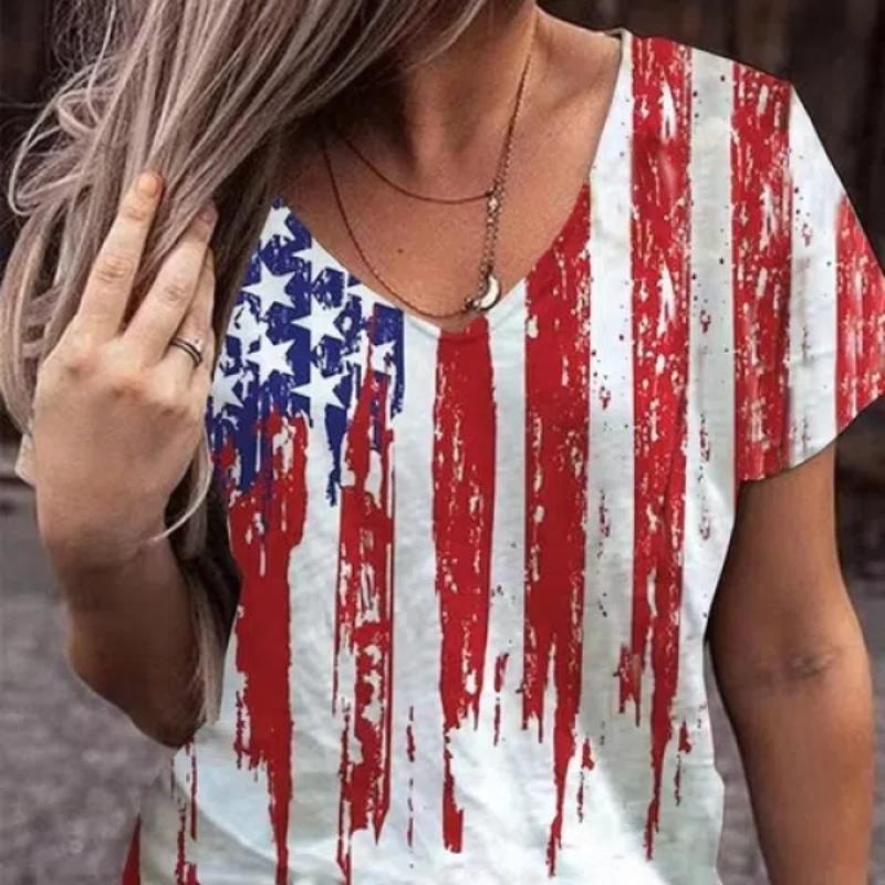 2022 Женские футболки с принтом американского флага и V-образным вырезом Одежда Женские — фото 14