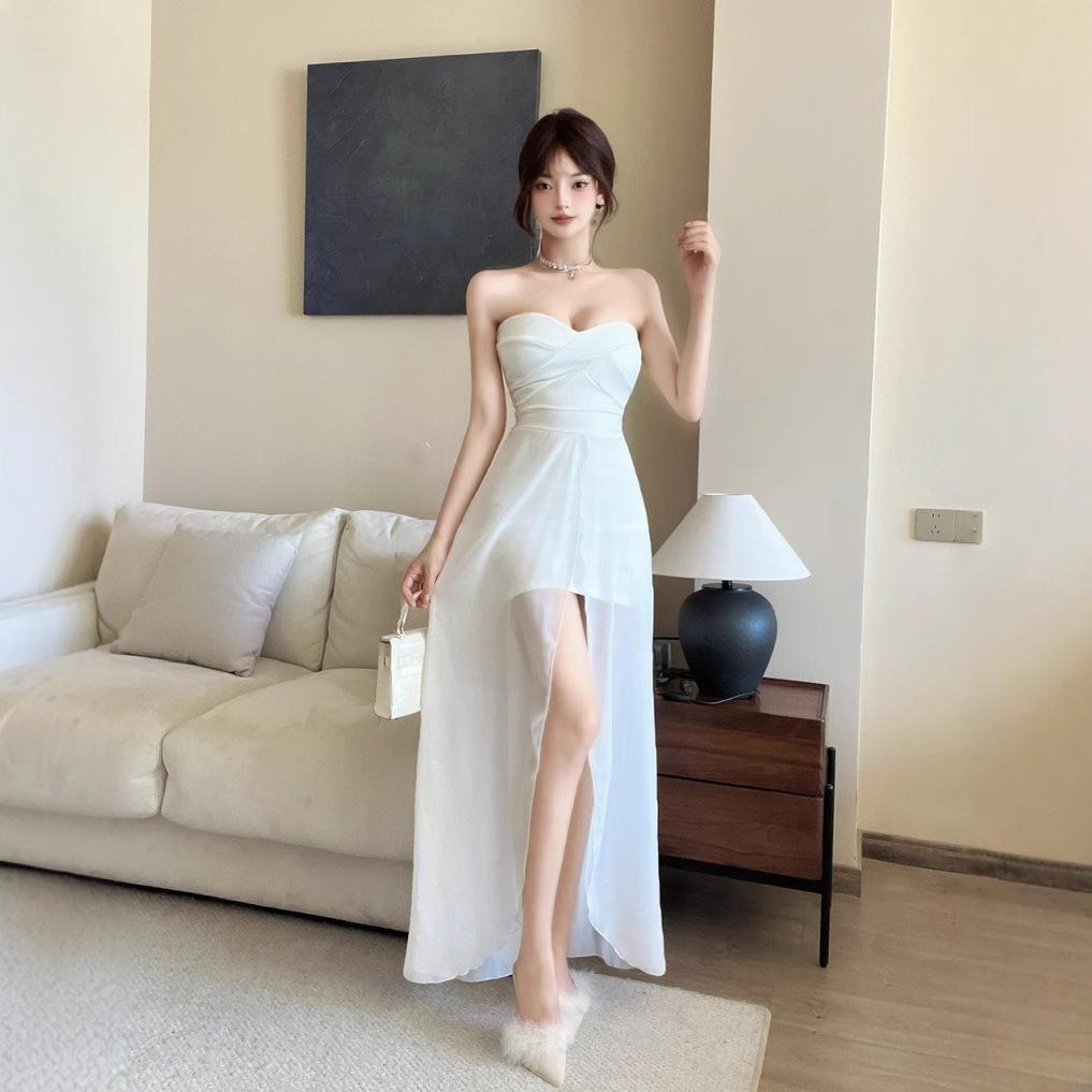 Temperament celebrity pure desire sexy mesh splicing tube top long primer dress nightclub overalls