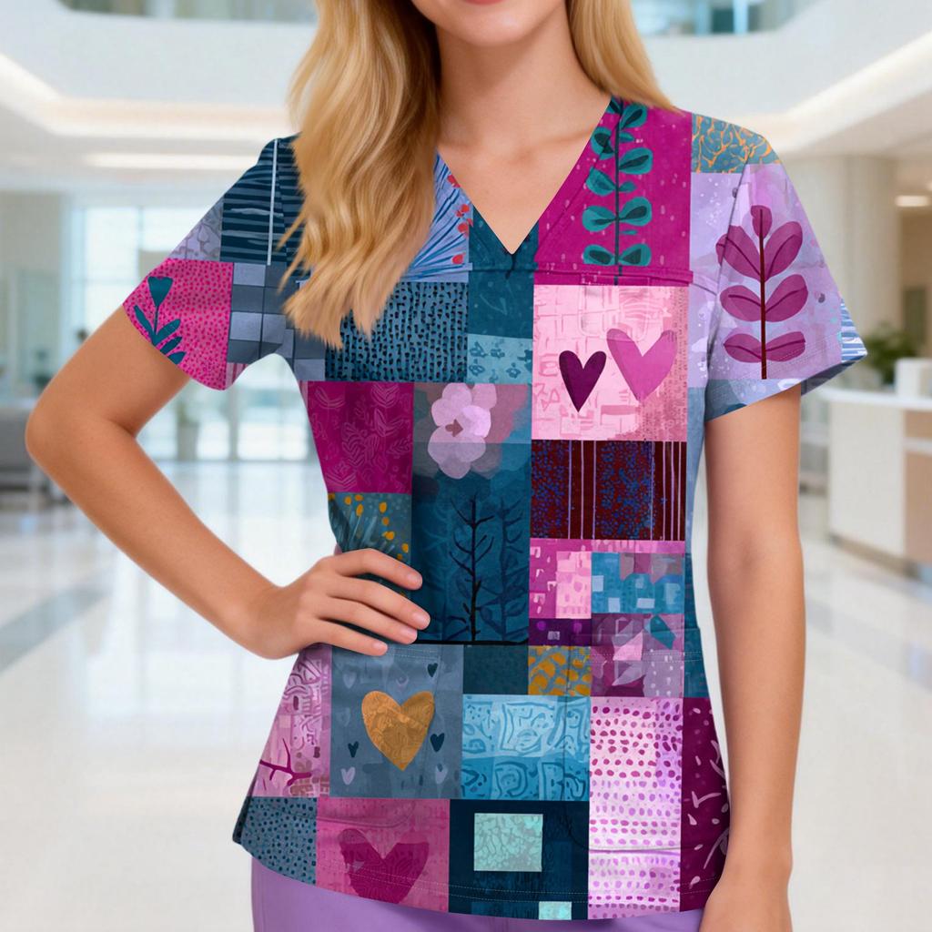 Damen V-Ausschnitt Drei-Taschen Kurzarm Retro-Print Uniform/Pflegekraft Oberteil Mit Schlitzen Am Saum