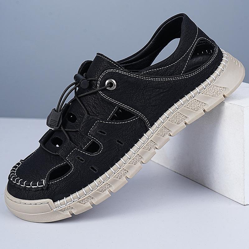 Hard summer leather men's sandals hand-stitched non-slip men's shoes soft-soled outdoor casual shoes bag head shoes