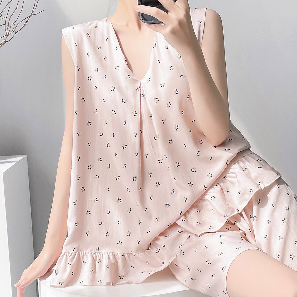 Anti-bumping summer cotton and silk floral sleeveless loungewear set, women's pajamas with chest pads can be worn outside, loose two-piece set