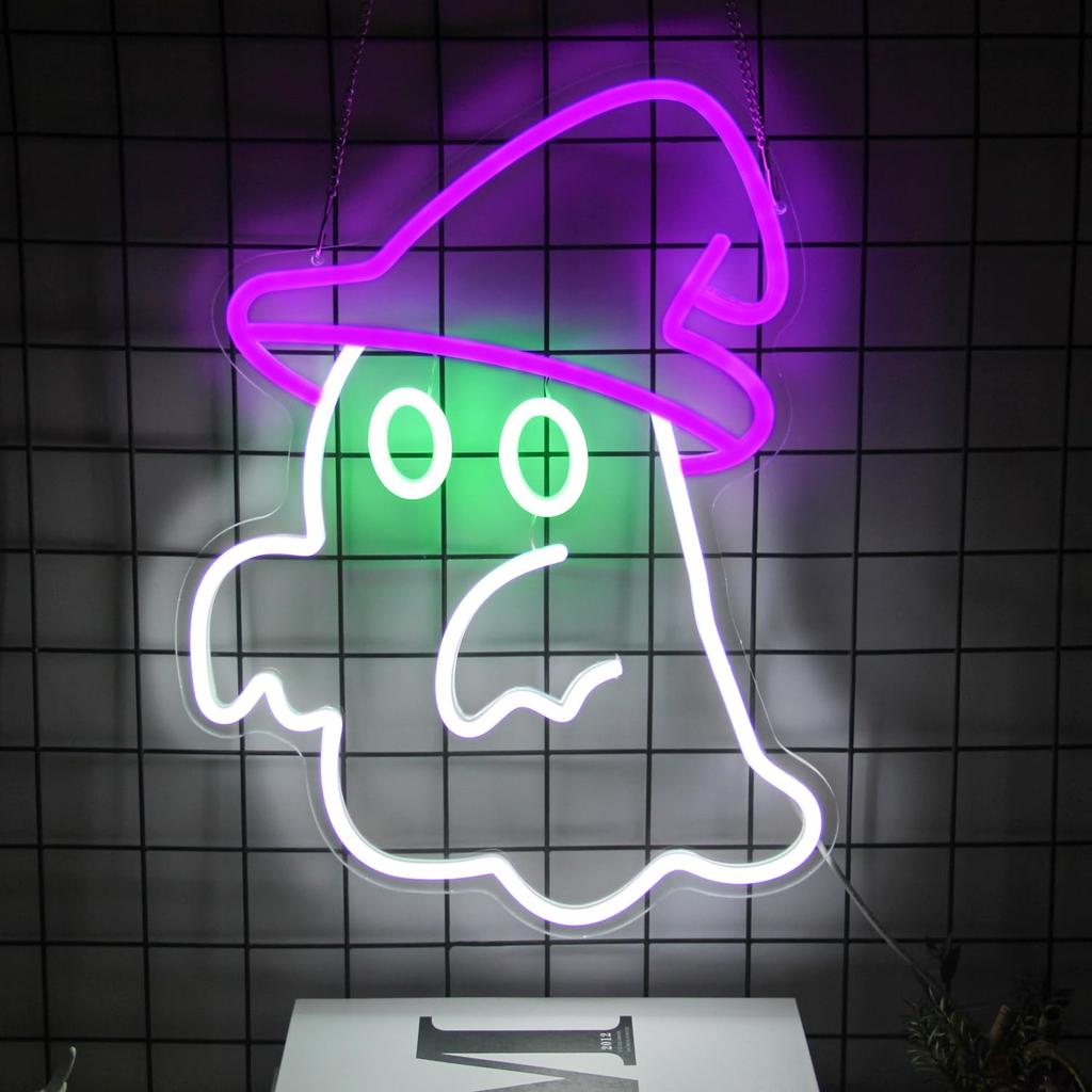 Witch Hat Ghost Neon Sign for Wall Decor Halloween Spooky Ghost LED Sign Gothic Lamp for Bedroom Bar Halloween House Party Decor