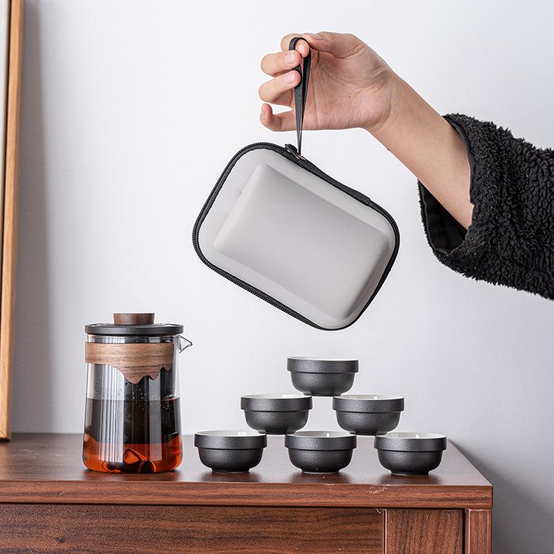 Jade white porcelain travel tea set, one pot of six cups, outdoor boutique, portable and anti-scalding express cup, high-end gifts.