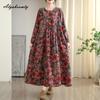 Sukienka Midi Damska Plus Size Jesień Wiosna Vintage Dekolt O Kwiatowy Nadruk Oversize Sukienka Retro Długi Rękaw Podstawowa Sukienka Damska z Kieszeniami