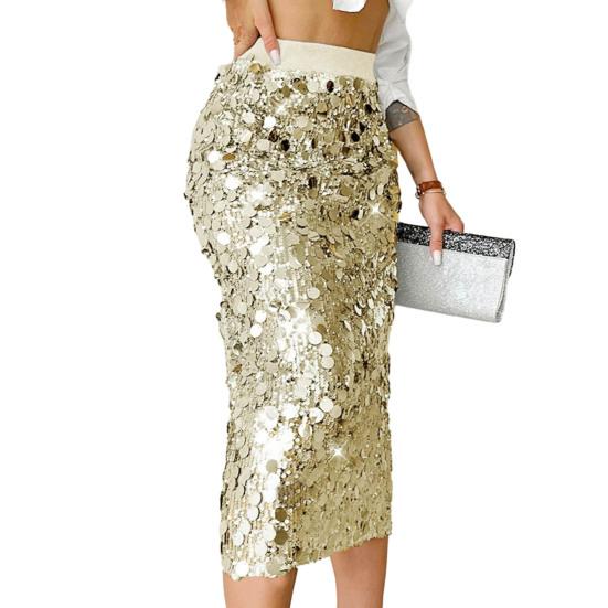 Women Skirt High Waist Sexy Hip-Hugging Sequin Glitter Skirt Solid Color Mid-calf Length Hip Wrapped Skirt Slimming Design Wedding Clubwear