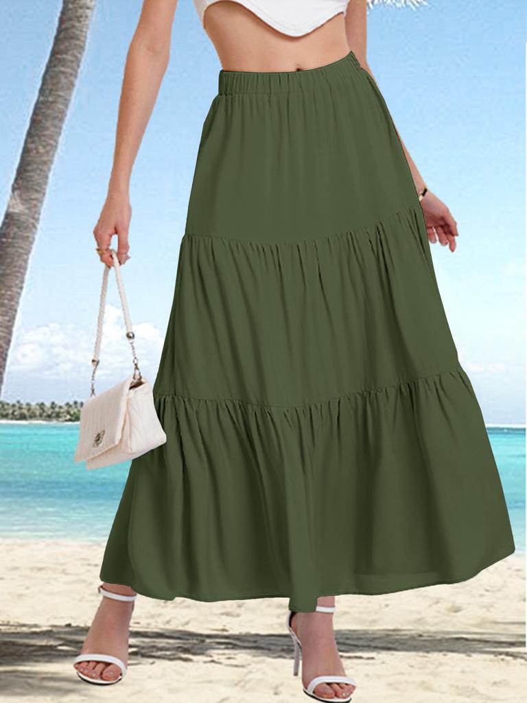 2026 European and American new summer elastic high-waisted bohemian long skirt casual drawstring A-shaped long skirt