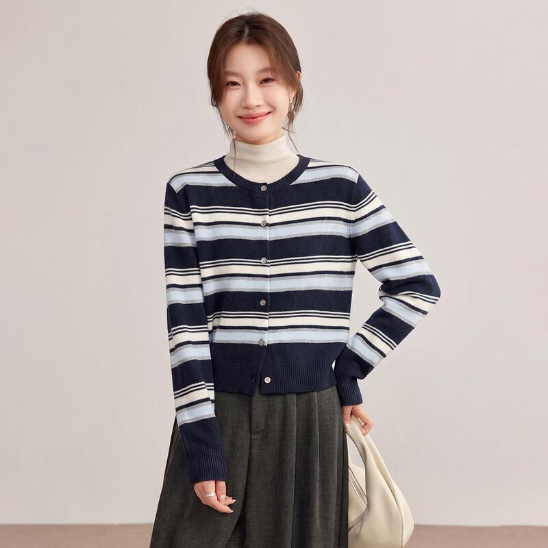 Shexi 100% Wool Striped Crew Neck Knitted Cardigan