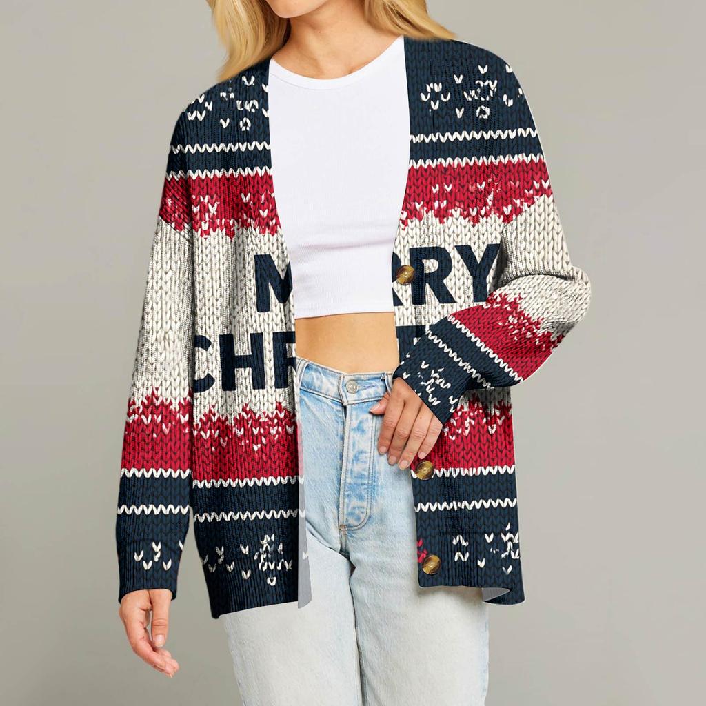 Women's Fashion Long Sleeve Christmas Print V-Neck Button Loose Cardigan Top