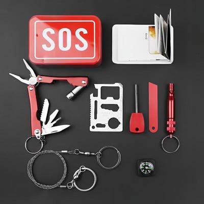 Kit di sopravvivenza d'emergenza: Strumenti di Sopravvivenza all'Aperto e Primo Soccorso in una Scatola Metallica