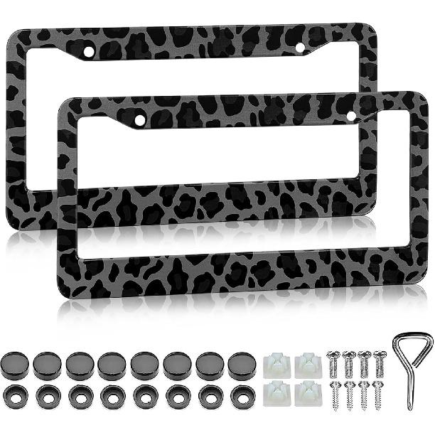 Black Leopard Print License Plate Frame - 2 Pack Animal Leopard Cheetah Print Tags Frames Holder, Car Decorative Tag Frames With Screws Fasteners