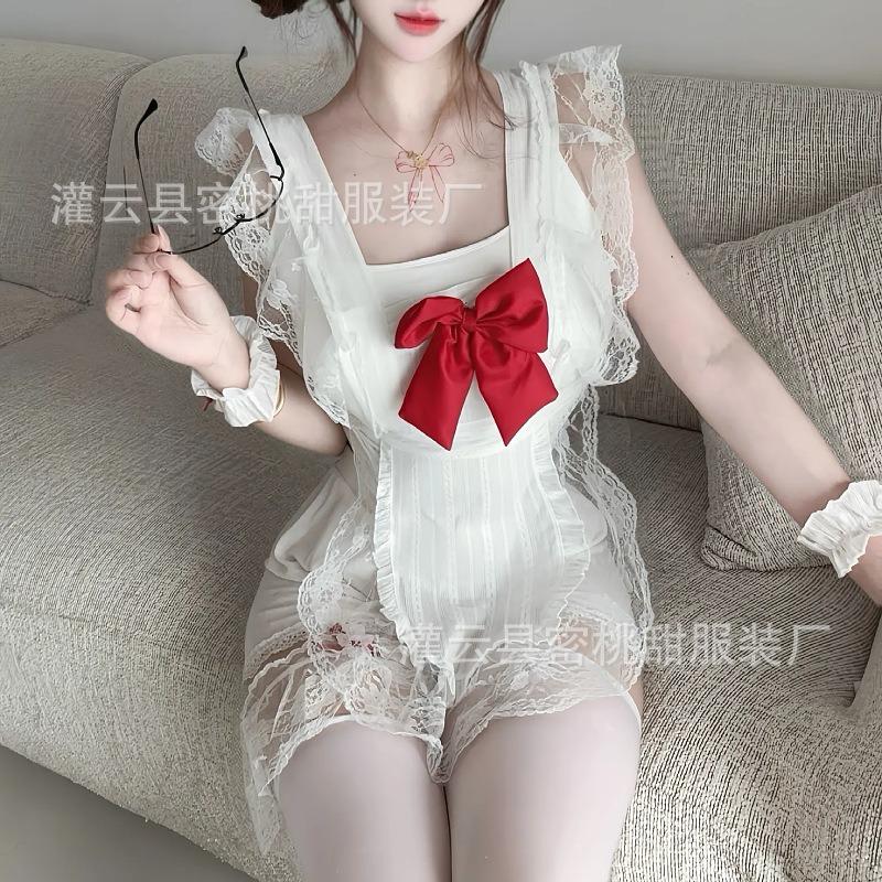 Sexy Lingerie Sexy Bow See-through Apron Little Maid Uniform Hot Halter Ruffle Skirt Pajamas