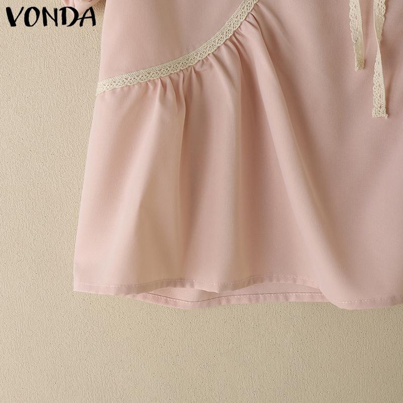 VONDA Summer Women Short Sleeve Bow Knot Lace Hem Casual Cute Tops Cropped Blouse