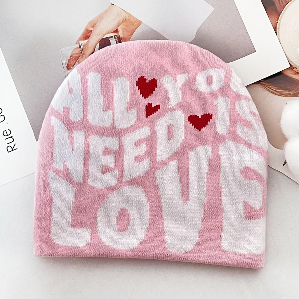 Color Simple Blocked Letter And Heart Pattern Women Casual Warm Hat Knitted