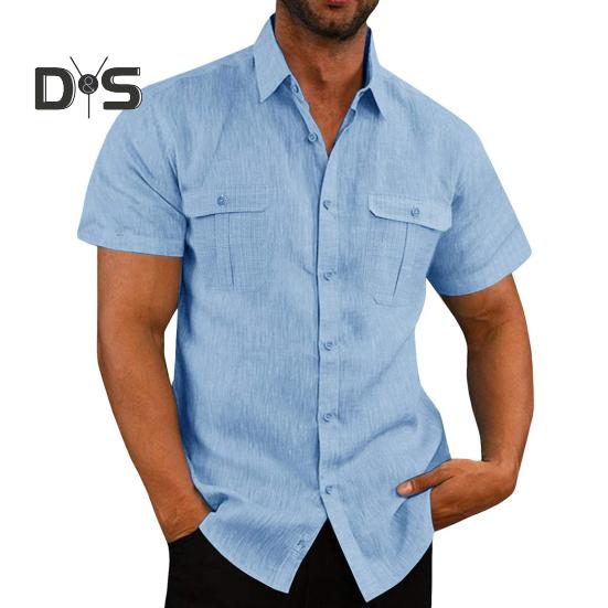 

Мужская летняя рубашка, сплошной цвет, однобортный, свободные нагрудные карманы, отложной воротник, короткие рукава, мягкий дышащий легкий кардиган, формальный кардиган на пуговицах XL светло-синий