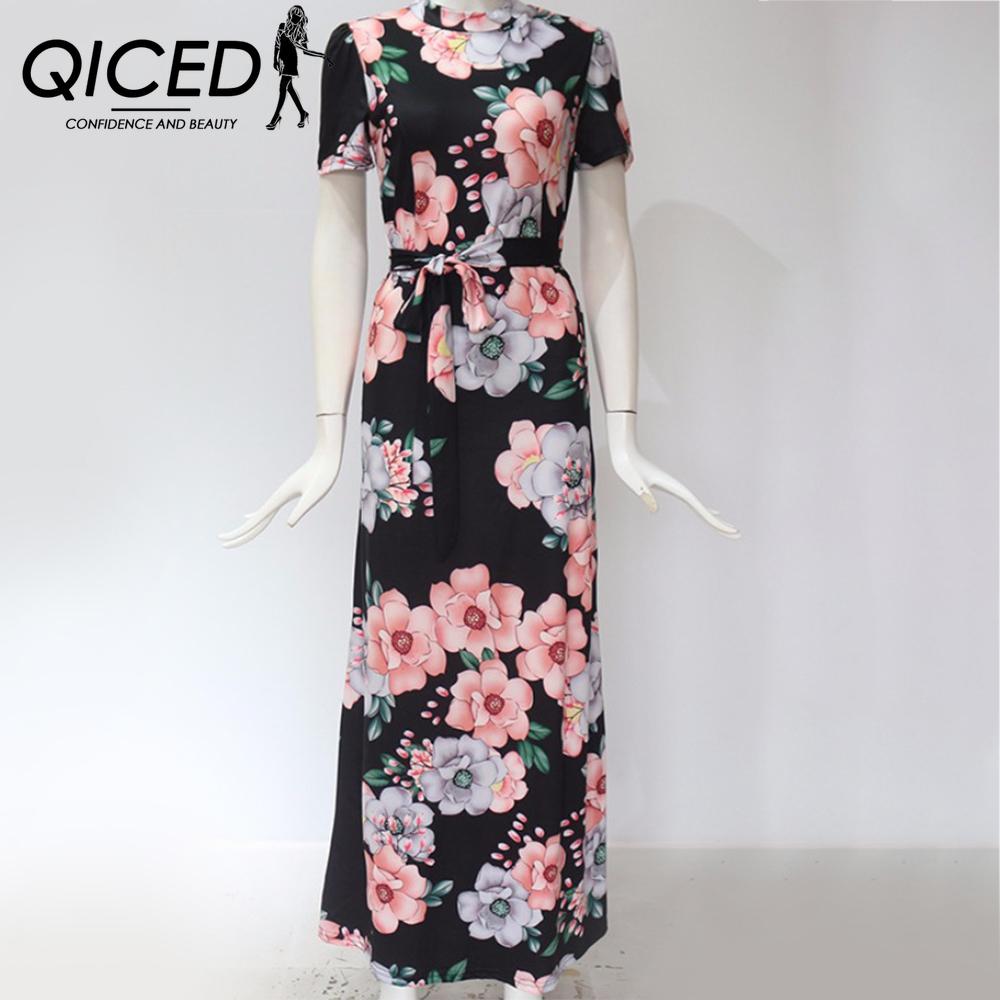 QICED Rochie de vară pentru femei până la podea, cu mânecă scurtă cu imprimeu floral, cu gât rotund, rochii casual