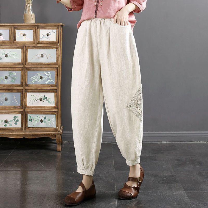 Women's Summer Cotton and Linen Nine-minute Trousers High-waisted Loose Slightly Elastic Leisure Trousers