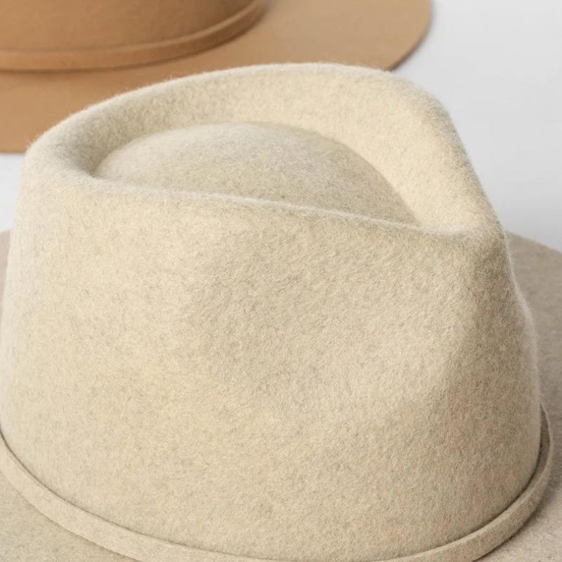 Autumn Winter French Style Pure Wool Fedora Hat With Belt Men Women Vintage Jazz Felt Cap Big Brim Stylish Casual Warm Dress Hat