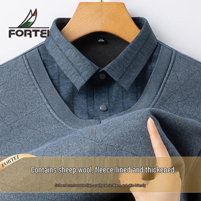 Men s Faux Two-Piece Knit Fleece-Lined Shirt with Lamb Wool 4XL
