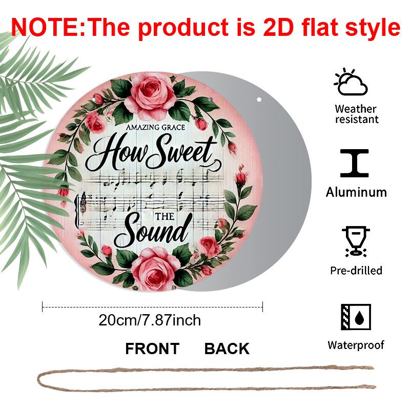 

2D Flat, 1pc Vintage Circular Metal Sign, 8x8 in, Pink Floral Wreath & How Sweet The Sound Inspirational Quote - Aluminium Wall Decor for Home 1pc