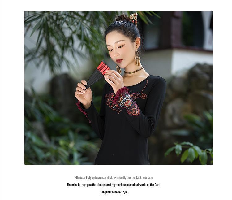 Women's Slimming Ethnic Embroidered Ruffle T-shirt