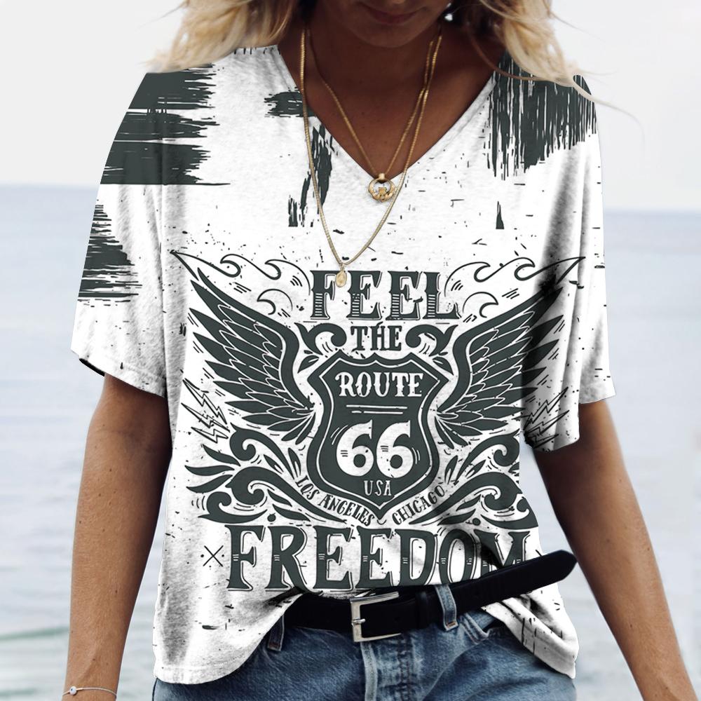 

Жіноча вінтажна футболка з принтом US 66 Route, з V-подібним вирізом, оверсайз, вуличний одяг, одяг Harajuku, жіночий повсякденний топ з коротким рукавом, футболки 4XL