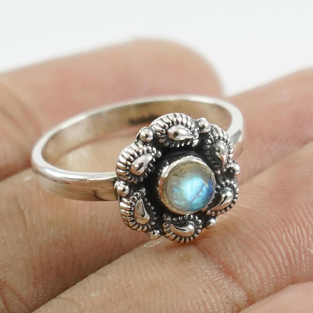 Moonstone Ring, Dainty Ring, 925 Sterling Silver Handmade Bohemian Ring, Round Ring, Birthday Gift, Gemstone Ring