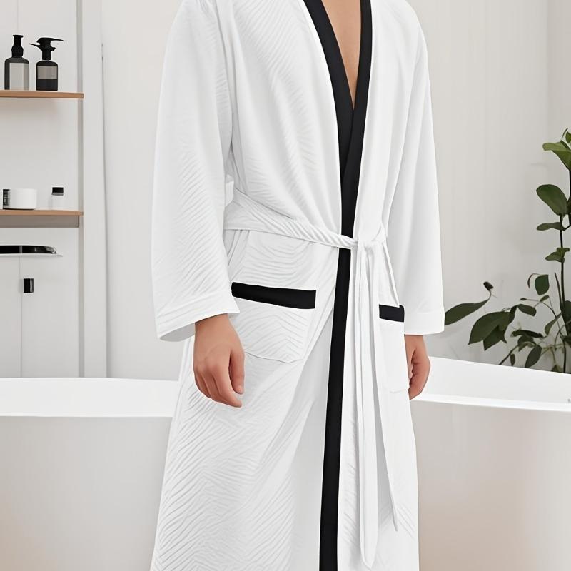 

25 лет Мужской длинный жаккардовый мягкий однотонный пояс Мужской банный халат Свободная и удобная домашняя одежда L белый