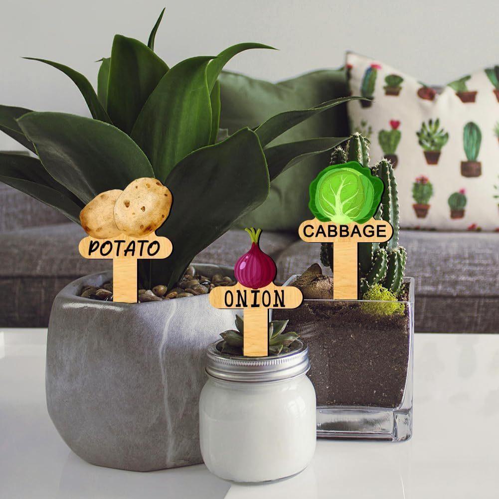 15 Pcs Funny Plant Markers T-Type Vegetable Name Tag with Pattern Wood Plant Garden Sign Seed Indoor and Outdoor Potted Plants