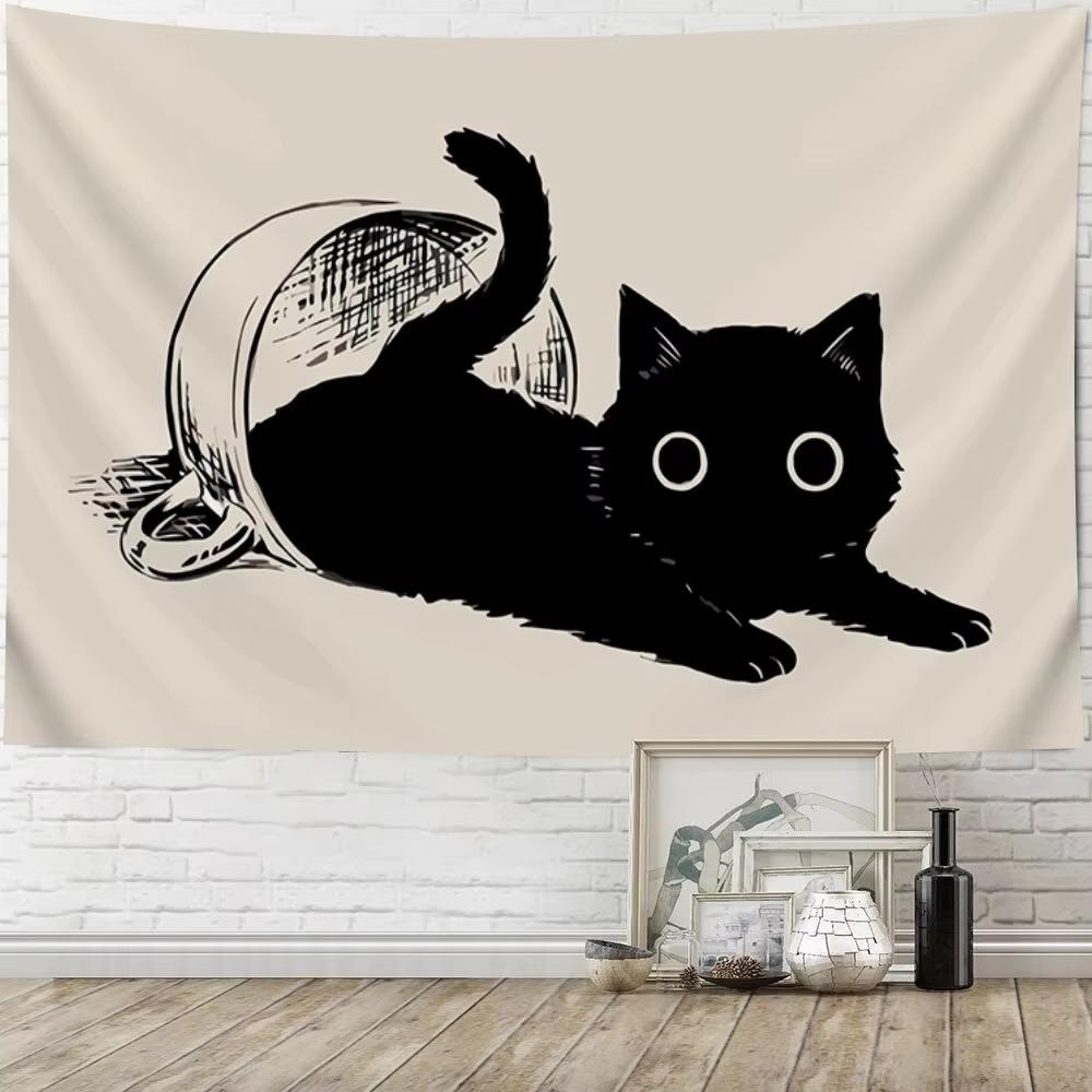 Healing Cat Wall Hanging: Black Cat Peeking Out of Teacup Design Bedroom & Living Room Feature Wall Decor 100X70CM