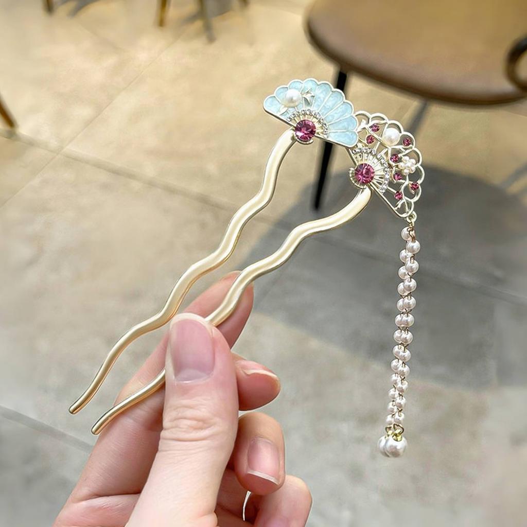 U Shaped Hair Sticks Forks Chinese Fan Shaped Hairpins Side Clips Pearls Pendant Decor Elegant Women Hair Bun Maker Jewelry