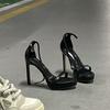 Summer New Sw Waterproof Table One-word Buckle High Heels Women's Stiletto Black Sexy Versatile Fashion Sandals