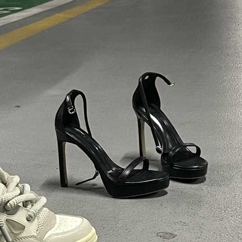 Summer New Sw Waterproof Table One-word Buckle High Heels Women's Stiletto Black Sexy Versatile Fashion Sandals