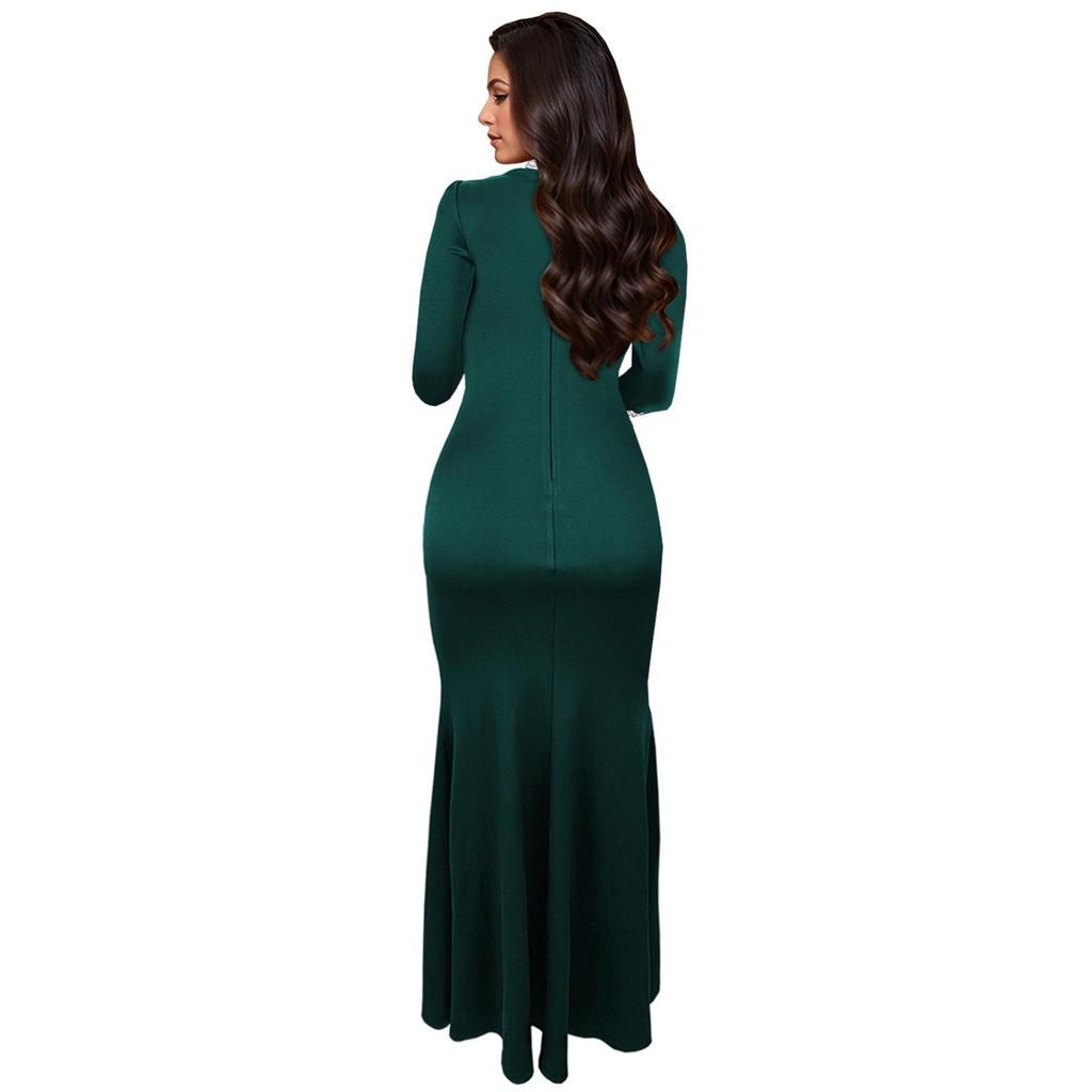 C7271 Women's Fashion Solid Color Long Sleeve Slit Dress with Hot Drilling