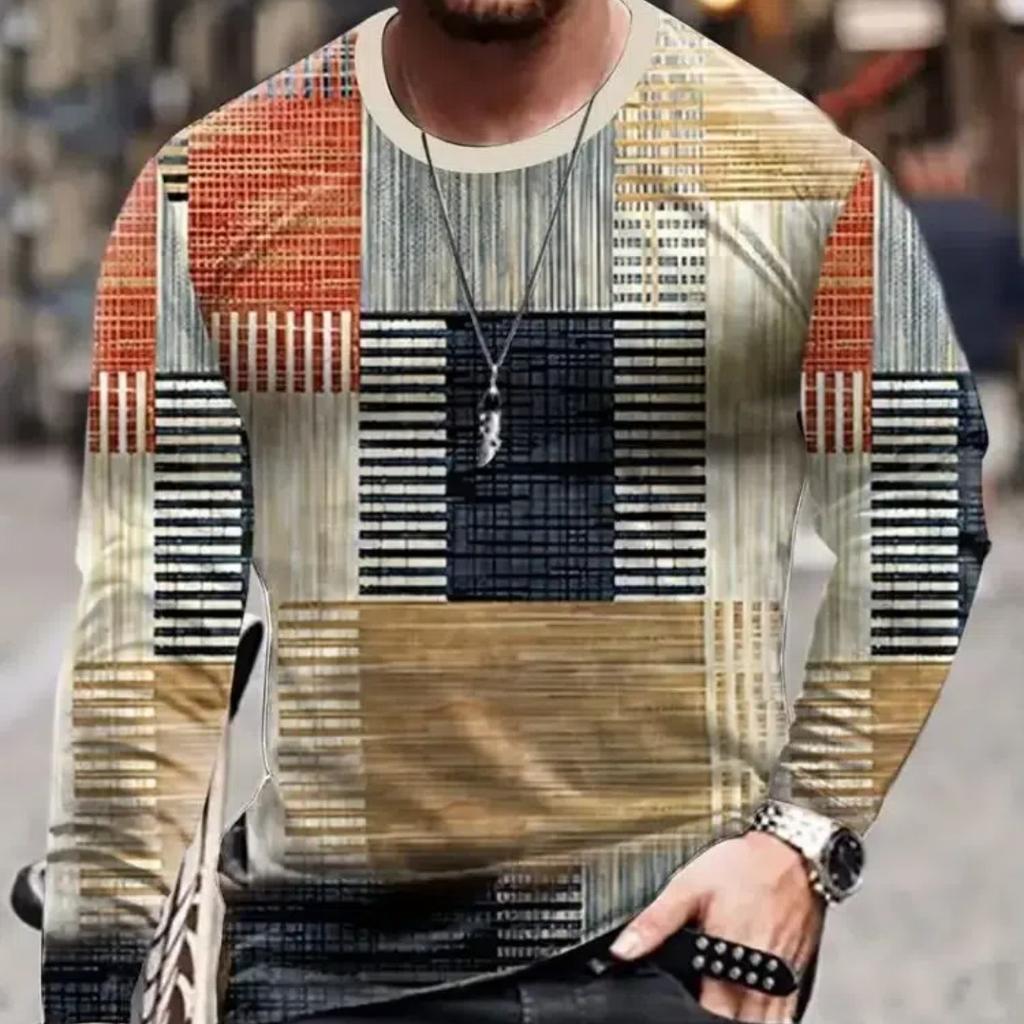 2024 Vintage Men's T-Shirt Color Block Long Sleeve 3D Clothing Print Harajuku Oversized Tops Men's Outdoor Jogging T-Shirt Tops