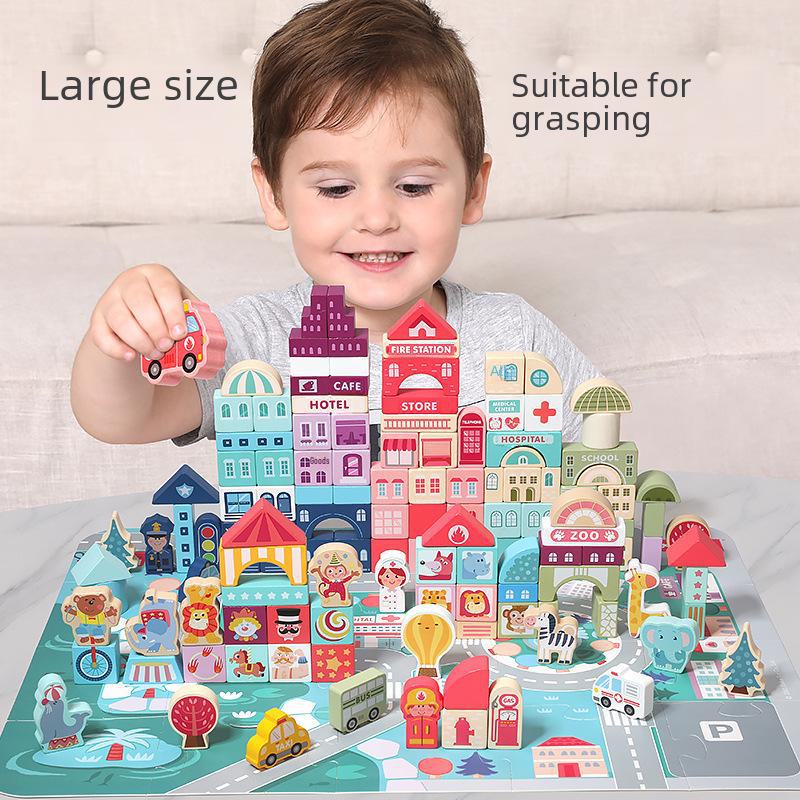 Children's Mini Castle Wooden Puzzle Blocks - City Street Scene Building Set
