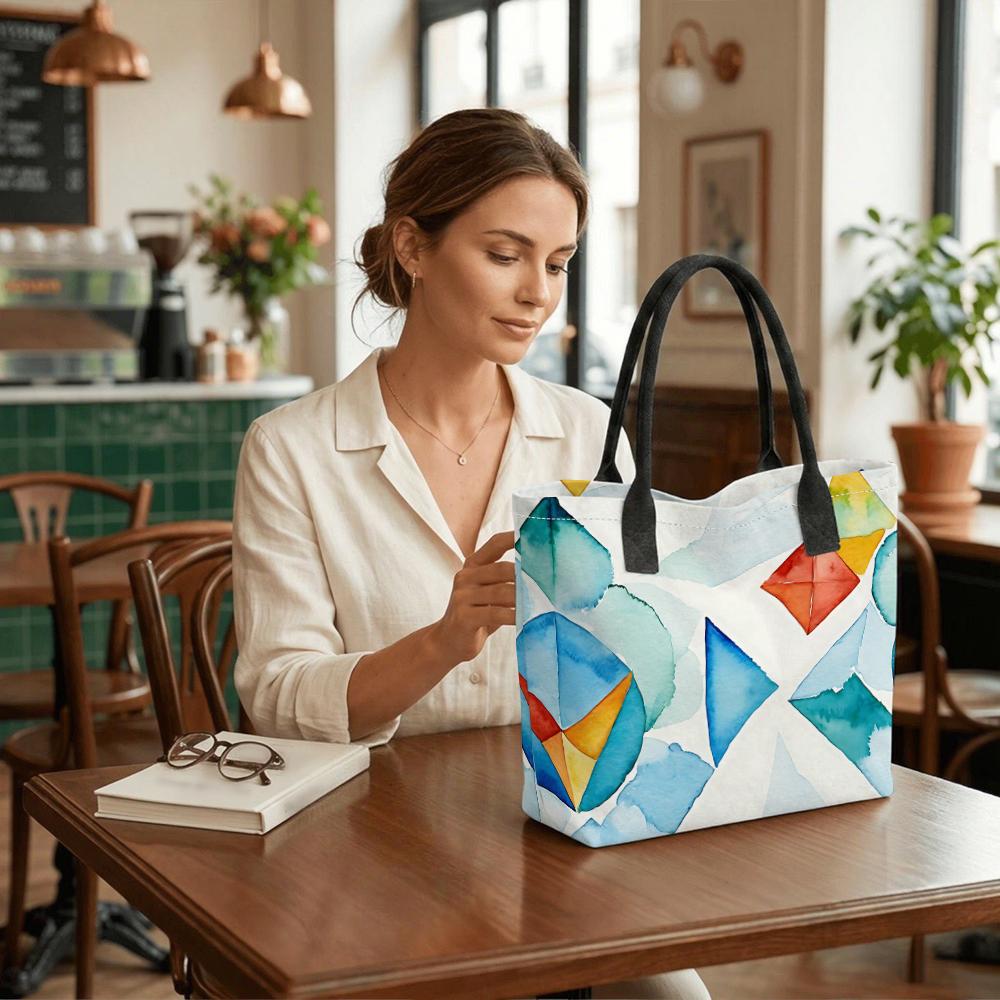  Geometric Watercolor Canvas Tote Bag Stylish Daily Casual Large Capacity Shoulder Handbag For Women