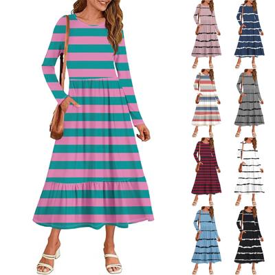 Women's  Printed Casual Dress Spring  Pocket Round Neck Long Sleeve Dresses